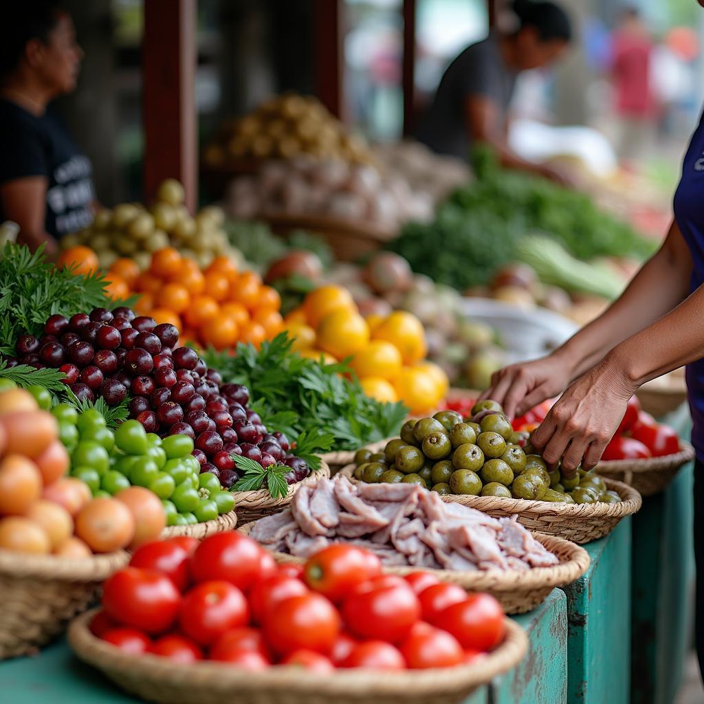 Các mặt hàng nông sản tươi ngon, thực phẩm đa dạng bày bán tại chợ Mùn Đông Anh.